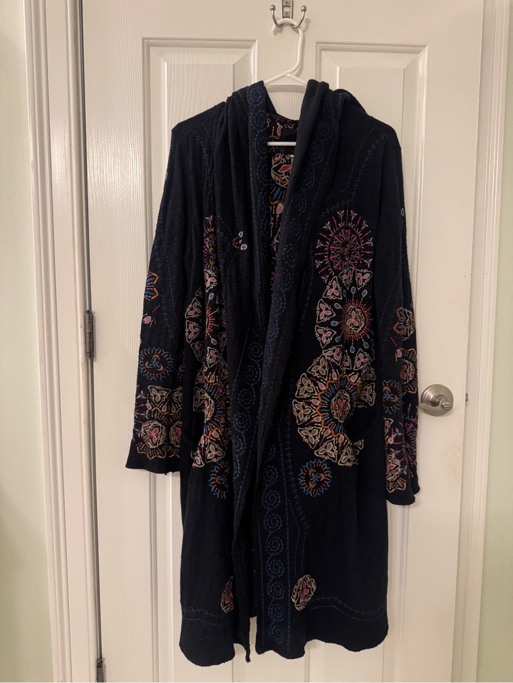 Johnny Was Black Hooded Embroidered Capeigan with Multicolor Floral Motifs